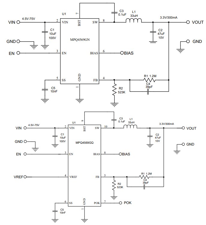 Application Circuit Diagram - Monolithic Power Systems (MPS) MPQ4569 AEC-Q100 Switching Voltage Regulators